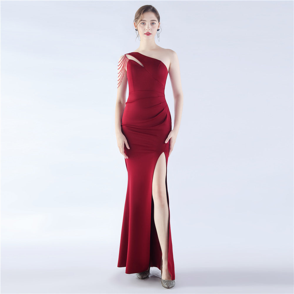 Craft Beaded Satin One Shoulder Diagonal Collar Long Evening Dress