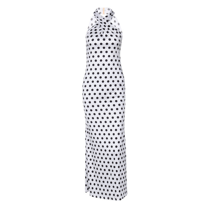 Summer Satin Polka Dot Halter Backless Dress