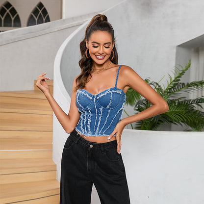 Vêtements Sexy pour femmes, Camisole Bandeau en Denim, Patchwork, taille amincissante, bretelles douces et fraîches, petit haut pour femmes