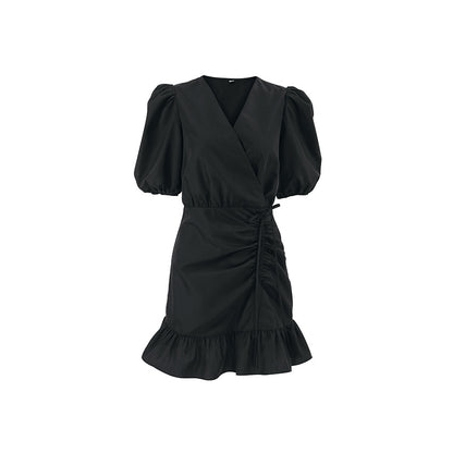 Vestido negro francés elegante con cuello en V y manga abombada con cordón, ropa de verano para mujer