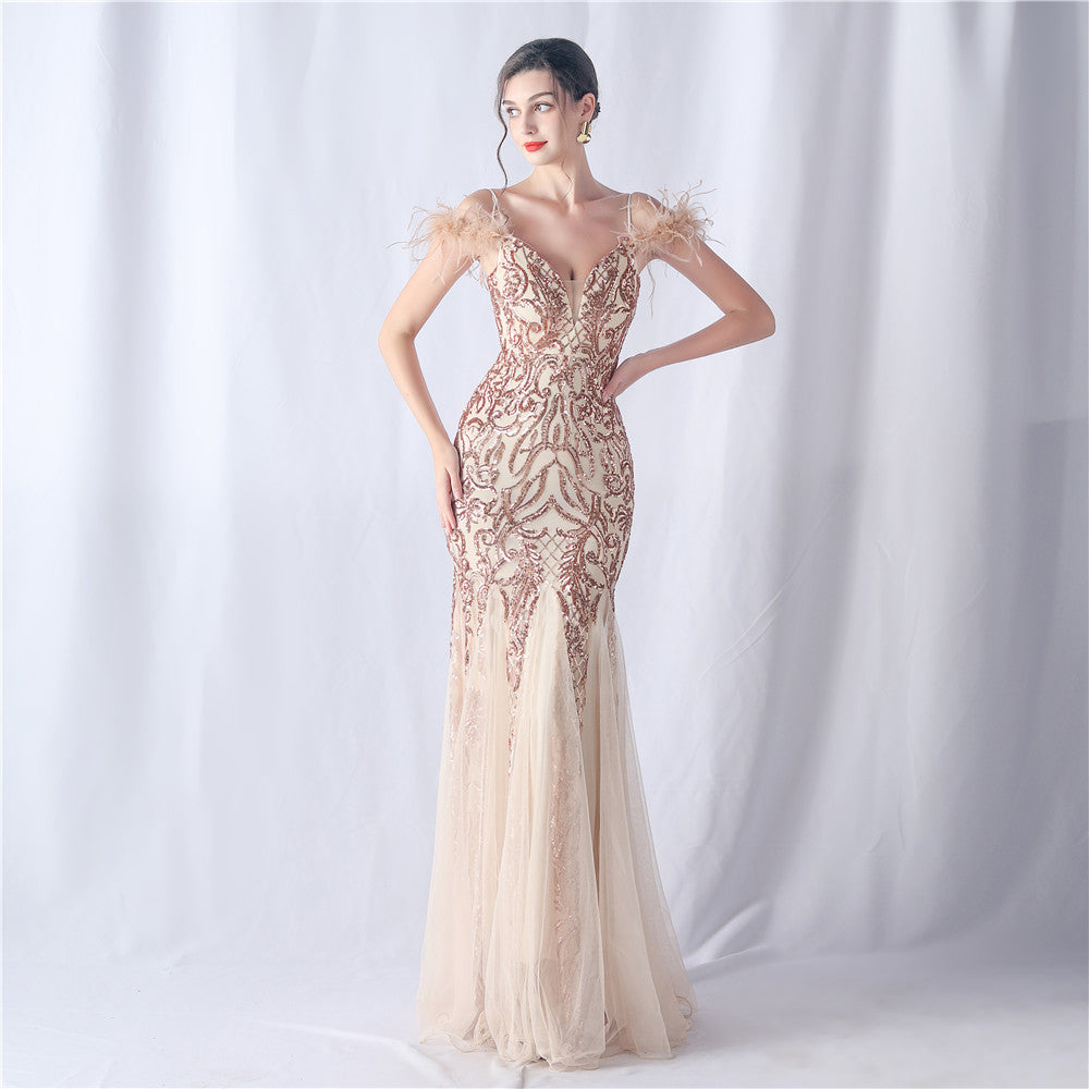 Ostrich Feather Craft Mesh Positioning Floral Sequin Annual Meeting Wedding Evening Dress