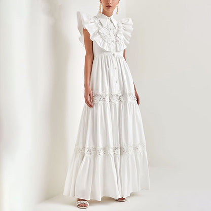 Robe française en dentelle brodée, col Polo, manches à volants, taille amincissante, Maxi pour femmes