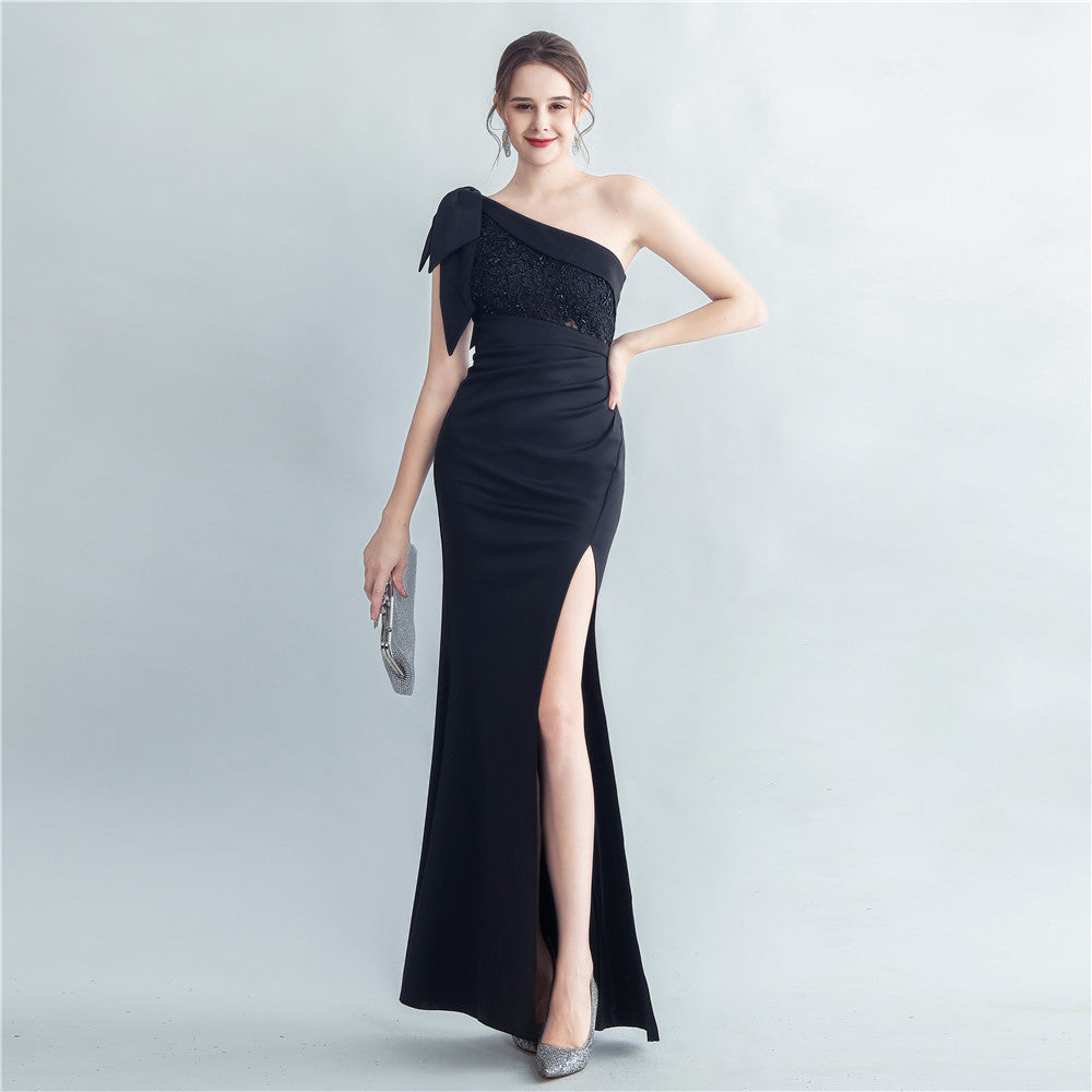 Lace Drilling Craft Beaded Oblique Shoulder Roman Collar Side Slit High End Evening Dress