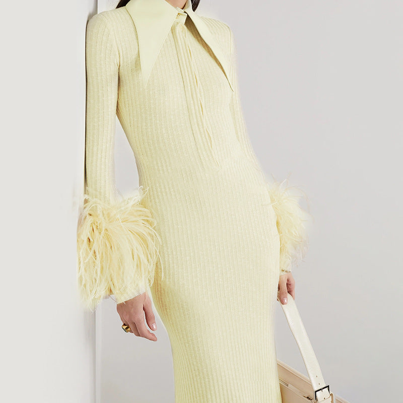 Robe une pièce jaune à manches longues, col montant élastique, poignets en plumes, vêtements longs pour femmes, automne hiver