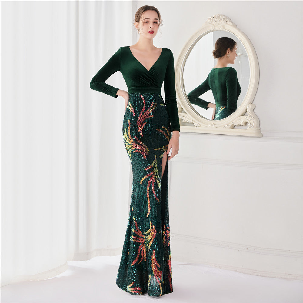 Korean Velvet 10 Sequin Long Sleeved Fishtail Evening Dress Women's High End Elegant Cocktail Annual Meeting King