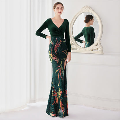 Robe de soirée en velours coréen à 10 paillettes à manches longues en queue de poisson pour femmes, haut de gamme, élégante, cocktail, réunion annuelle, roi