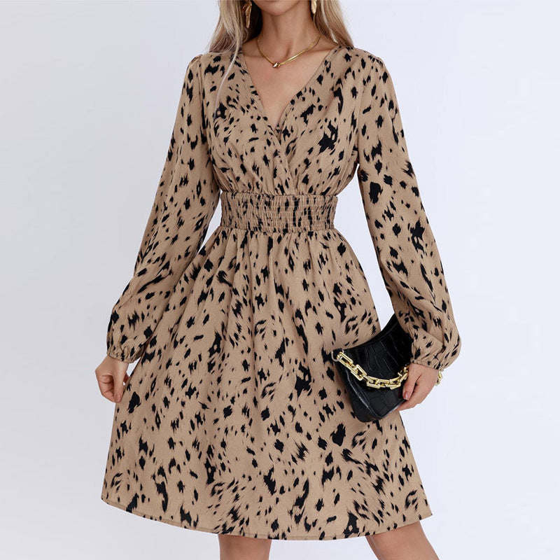 Spring Autumn Retro Long Sleeve V Neck Leopard Print Waist Dress Women