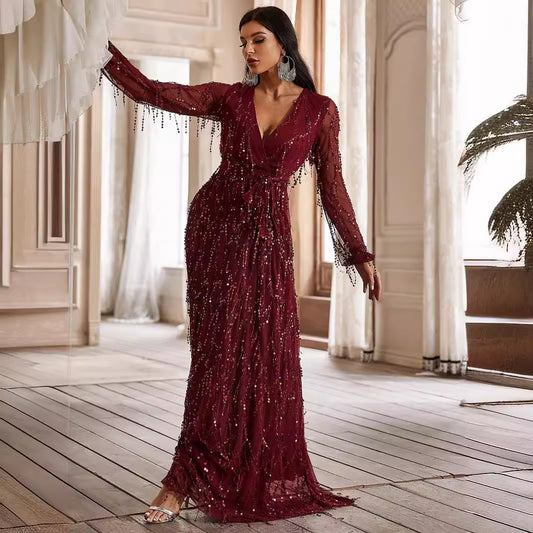 Robe à col en V élégante à paillettes et pompons, manches longues, décolleté plongeant en V profond, robe de bal maxi