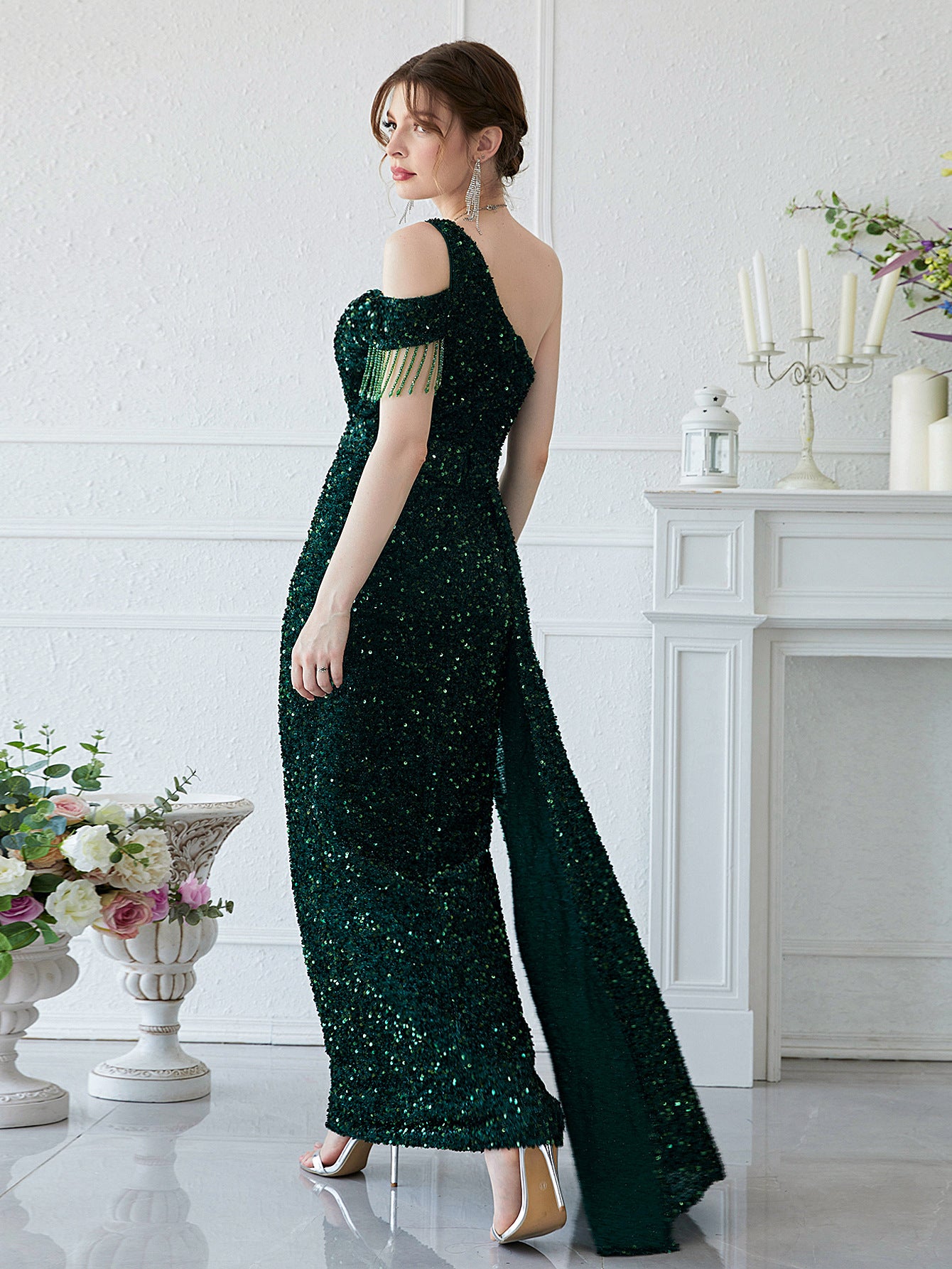 Elegant Dress Sequin off Shoulder Sleeveless Prom Evening Dress Slim Fit Sequined Fishtail Dress