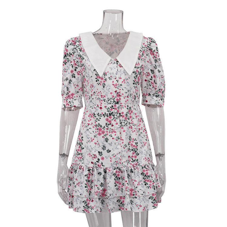 Robe à fleurs pour femmes, tenue française d'été de haute qualité, manches courtes, col, taille serrée, amincissante, pause thé, robe trapèze