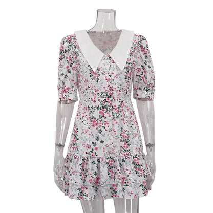 Vestido Floral de verano para mujer, vestido francés de manga corta con cuello, cintura ajustada, adelgazante, corte en A