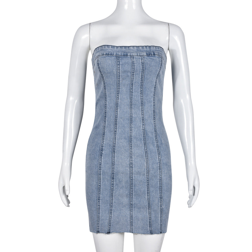 Denim printemps été Sexy dos nu lavage poitrine enveloppé robe femmes