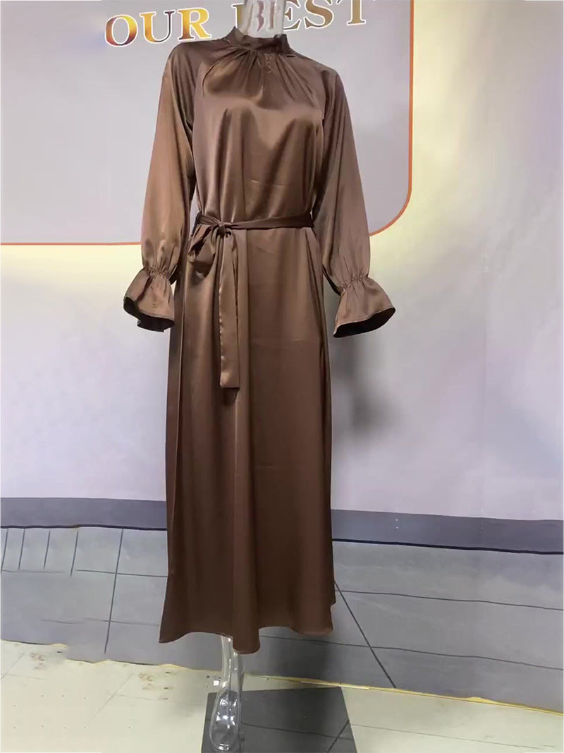 Autumn Solid Color Satin Long Sleeve Loose Dress Belt Women Clothing