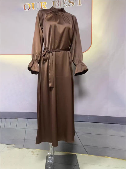 Robe ample en Satin à manches longues, couleur unie, ceinture, vêtements pour femmes, automne