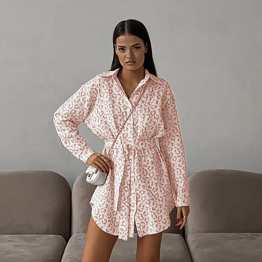 Automne rue Sexy taille contrôlée à lacets imprimé léopard chemise à manches longues coton lin chemise décontractée