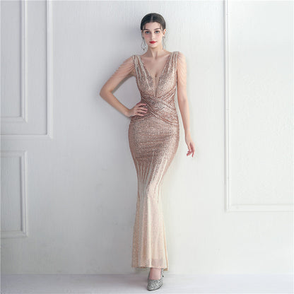 Craft Beaded Sequined Car Model Exhibition Host Dinner Women Long Evening Dress Fishtail Dress