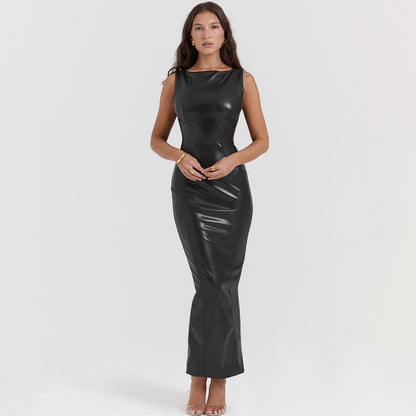 Sexy Women Wear High End Faux Leather Skinny Sheath Long Black Sleeveless Vest Split Dress Women