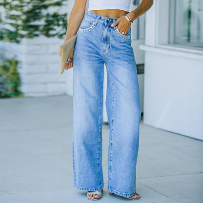 Pantalon en denim délavé ample avec poche pétale pour femme