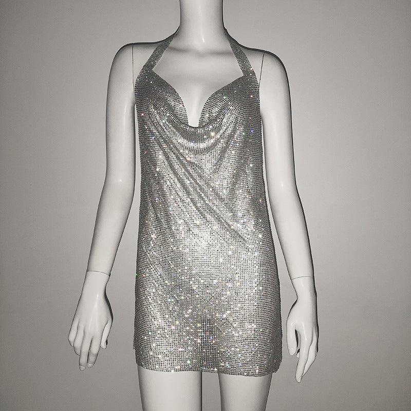 Vêtements pour femmes en métal strass bretelles sexy fête discothèque robe douce et épicée