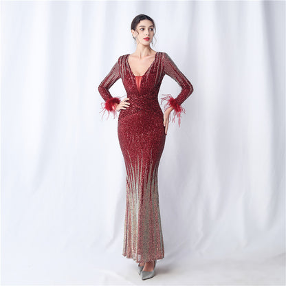 Craft Order Ostrich Feather Gradient Sequin Long Sleeve Evening Dress