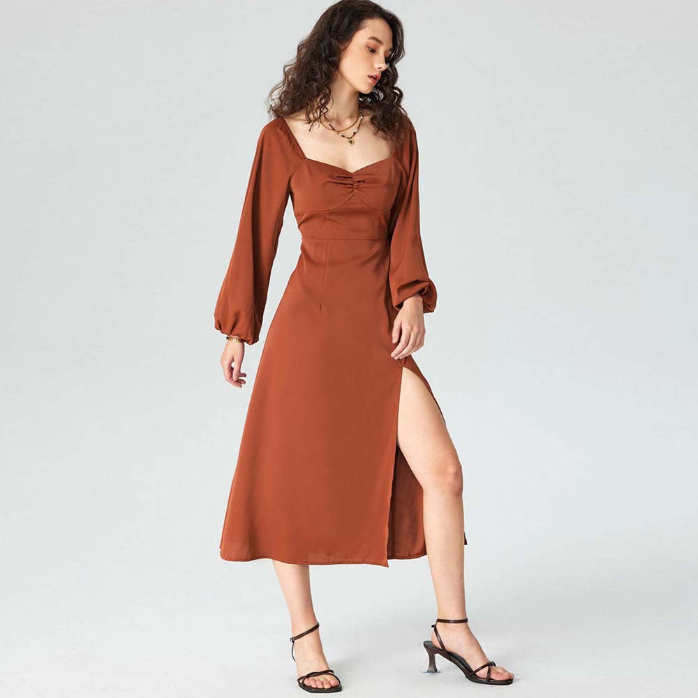 Robe mi-longue à col carré pour femme adulte, tenue intellectuelle, élégance française, fente latérale, automne hiver