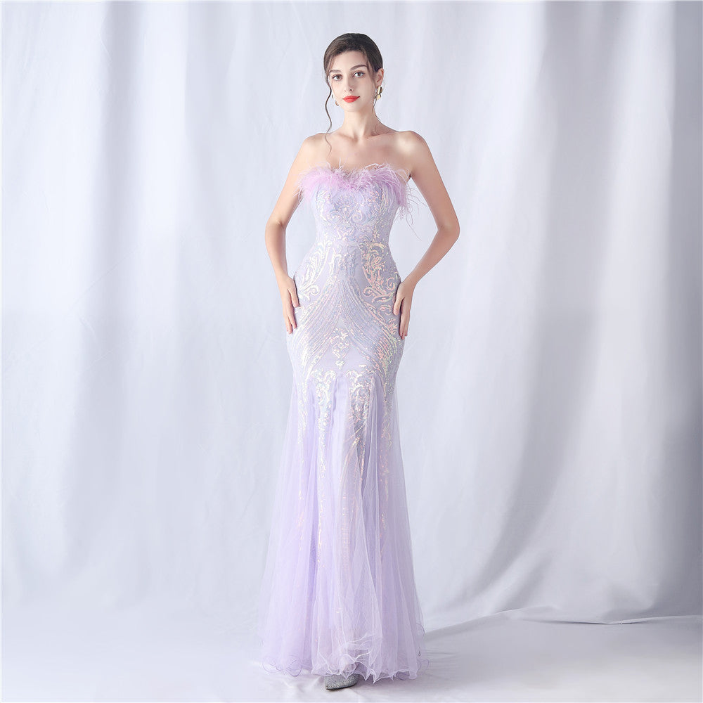 Plume d'autruche positionnement coupe florale mariage réunion annuelle bustier tubulaire paillettes gaze robe de soirée