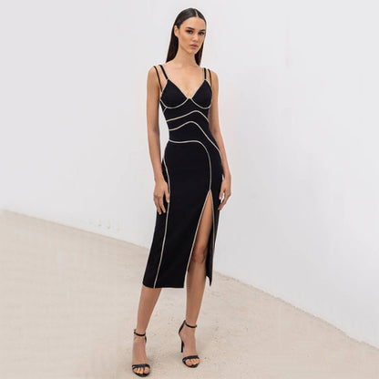 Dress V neck Brace High Slit Diamond Sexy Dress Ladies Cocktail Slim Bandage Dress