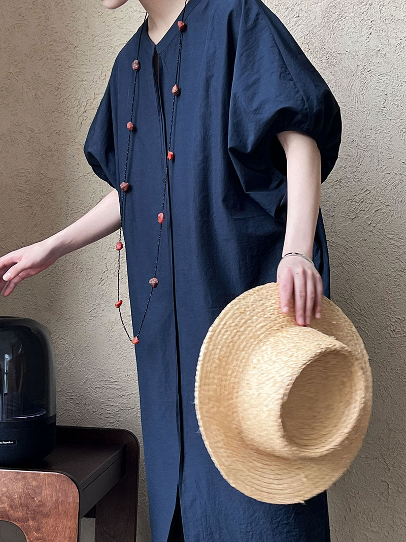 Round Neck Short Sleeved Shirt Dress Loose Slimming Crisp Puff Sleeve Vacation Dress