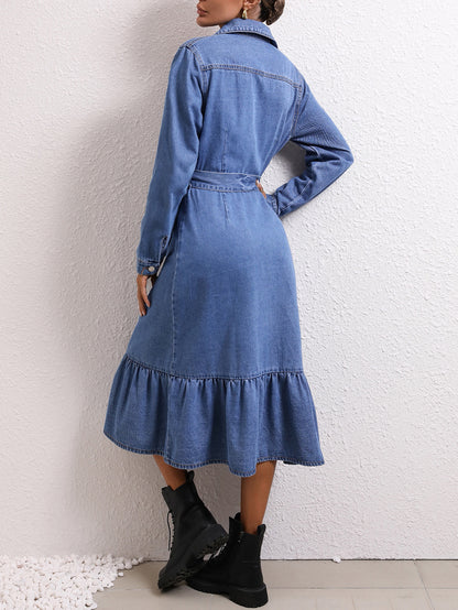 Robe en jean rétro à manches longues pour femmes, amincissante, contrôlée à la taille