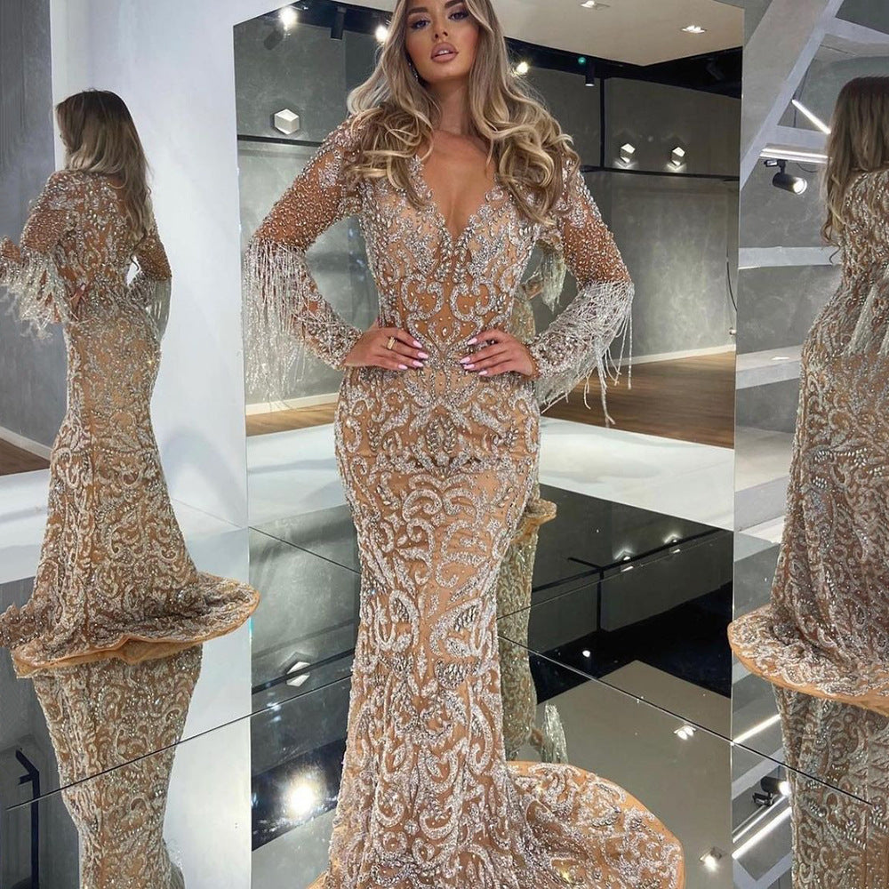 Spring Women Clothing Evening Dress Women Fishtail Gold Tassel Elegant Sexy Dress