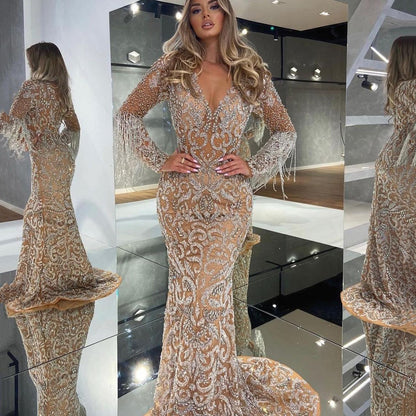 Spring Women Clothing Evening Dress Women Fishtail Gold Tassel Elegant Sexy Dress