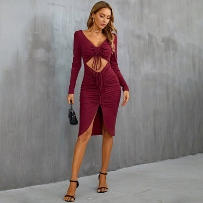 Women Clothes Sexy Cutout Drawstring Split Waist Fitted Sheath Dress