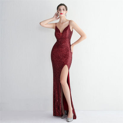 Sequin Beaded Long Camisole Gown Cocktail Slim Fit Evening Dress Elegant Stunning Fishtail Dress