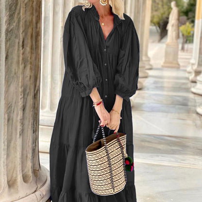 Autumn Winter Women Solid Color Long Bohemian Loose Cotton Linen Dress