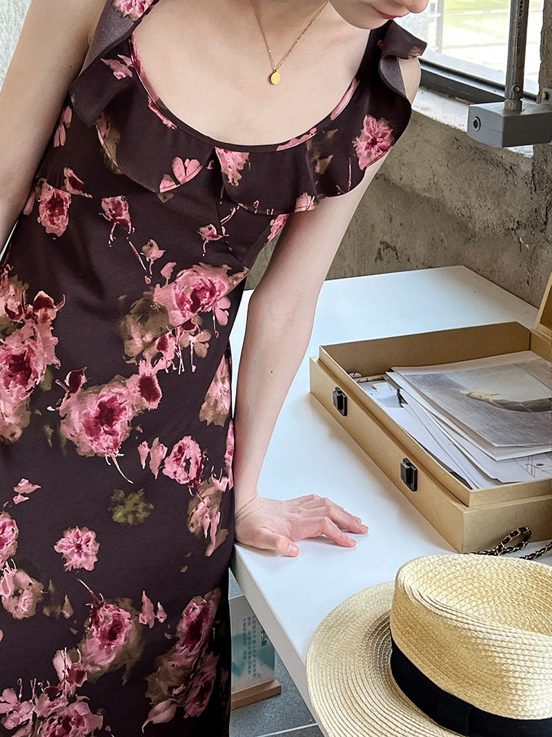 Robe française rétro fine à fleurs, tenue d'été à volants, coupe à la taille