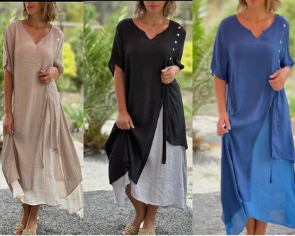 Robe asymétrique deux pièces pour femmes, col en V, manches courtes, Faux deux pièces, printemps été