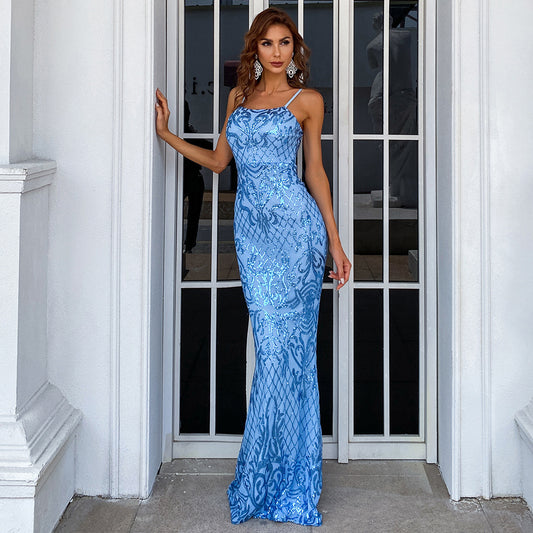 Spaghetti sangle bleu sans manches robe Maxi hanche élégante fête bal robe de soirée robe formelle Maxi