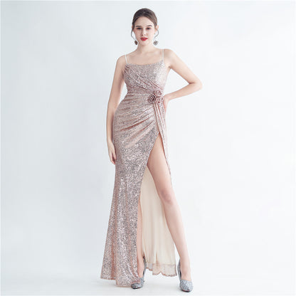 Gathers Sequ Handmade Floral Split Sling Simple Evening Dress