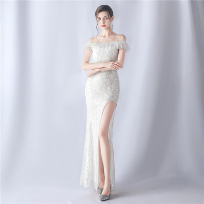 Fabric Sequin Combined With Embroidery Thread Heavy Craft Folding Organza Boutique Evening Dress