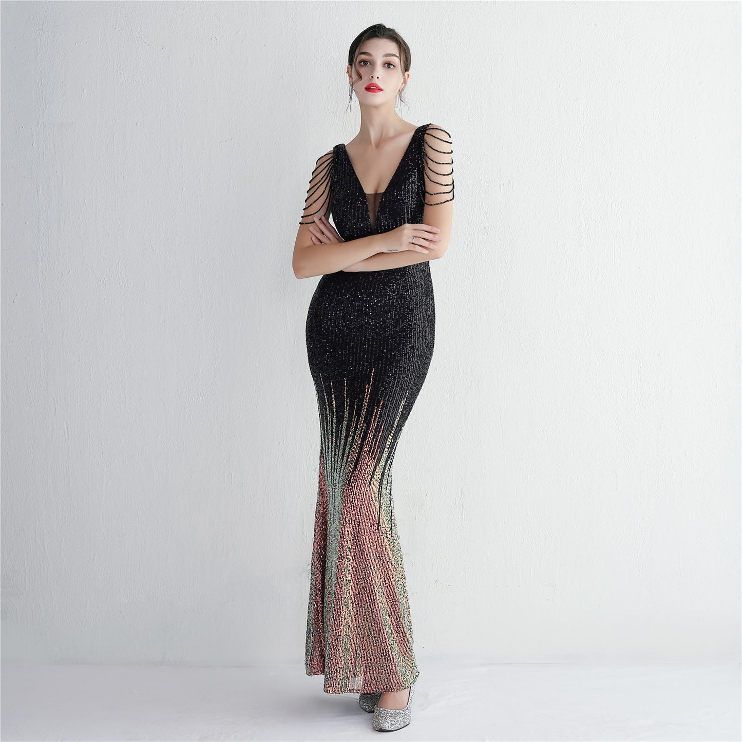 Vertical Stripes Gradient Sequin Party Dress Long Cocktail Slim Fit Evening Dress Elegant Cool Clothing