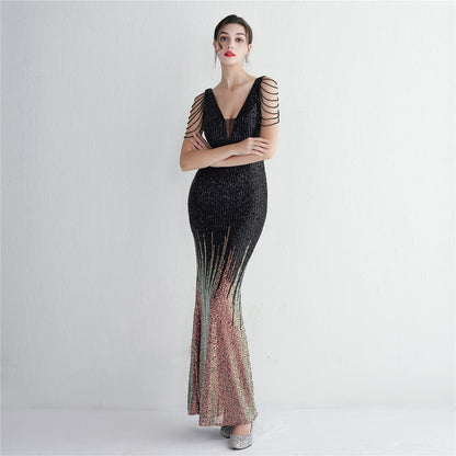 Vertical Stripes Gradient Sequin Party Dress Long Cocktail Slim Fit Evening Dress Elegant Cool Clothing