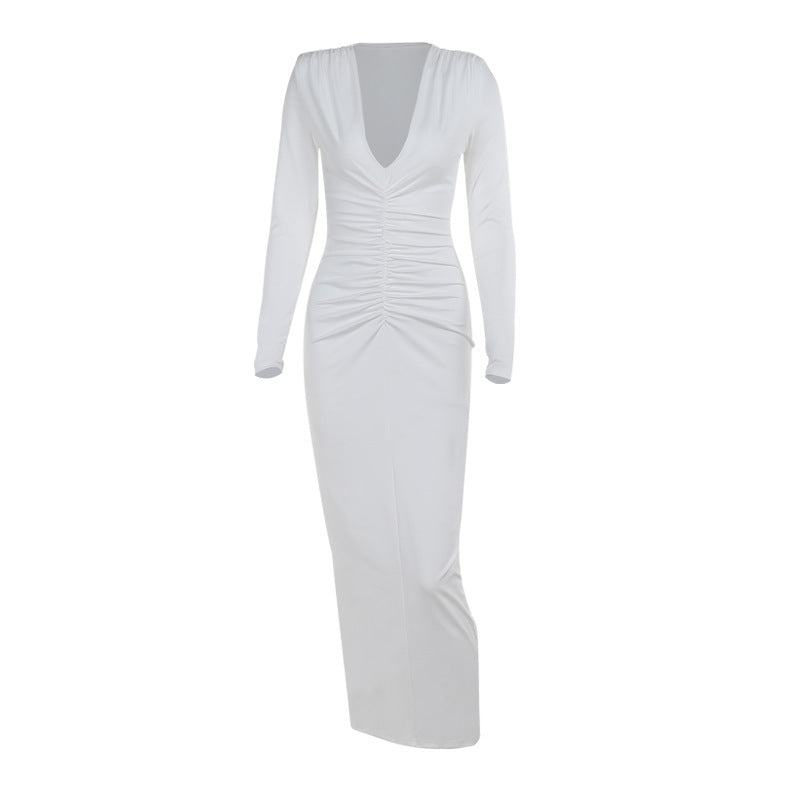 Robe plissée Sexy pour femmes, décolleté plongeant en V profond, manches longues, élégante, Slim Fit, vacances d'automne