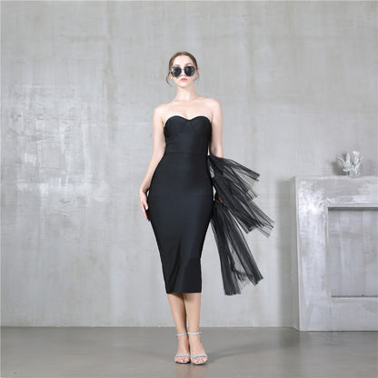 Robe une pièce à bandes, robe d'été élégante, coupe ajustée, sexy, taille haute, robe de soirée, haut tubulaire, robe en tulle