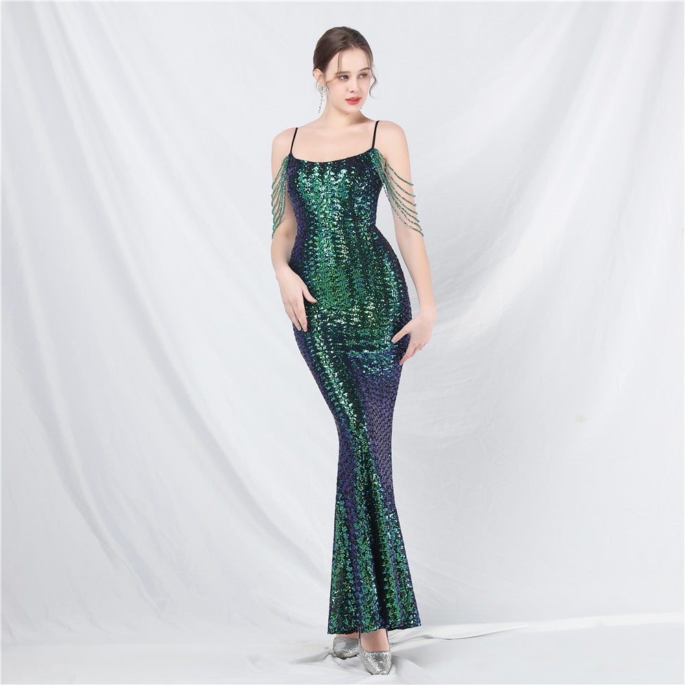 Craft of Design Beaded Colorful Sequin Long Evening Dress