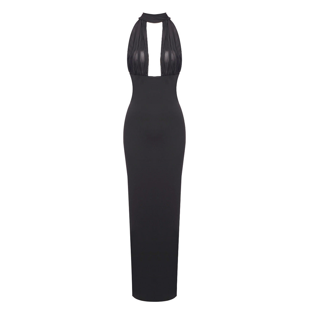 Robe longue élégante à dos nu et épaules dénudées pour femme, tenue d'automne noire et blanche