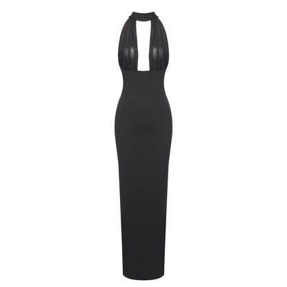 Autumn Elegant Women Black White Slim Halter Maxi Dress One Shoulder Backless Dress