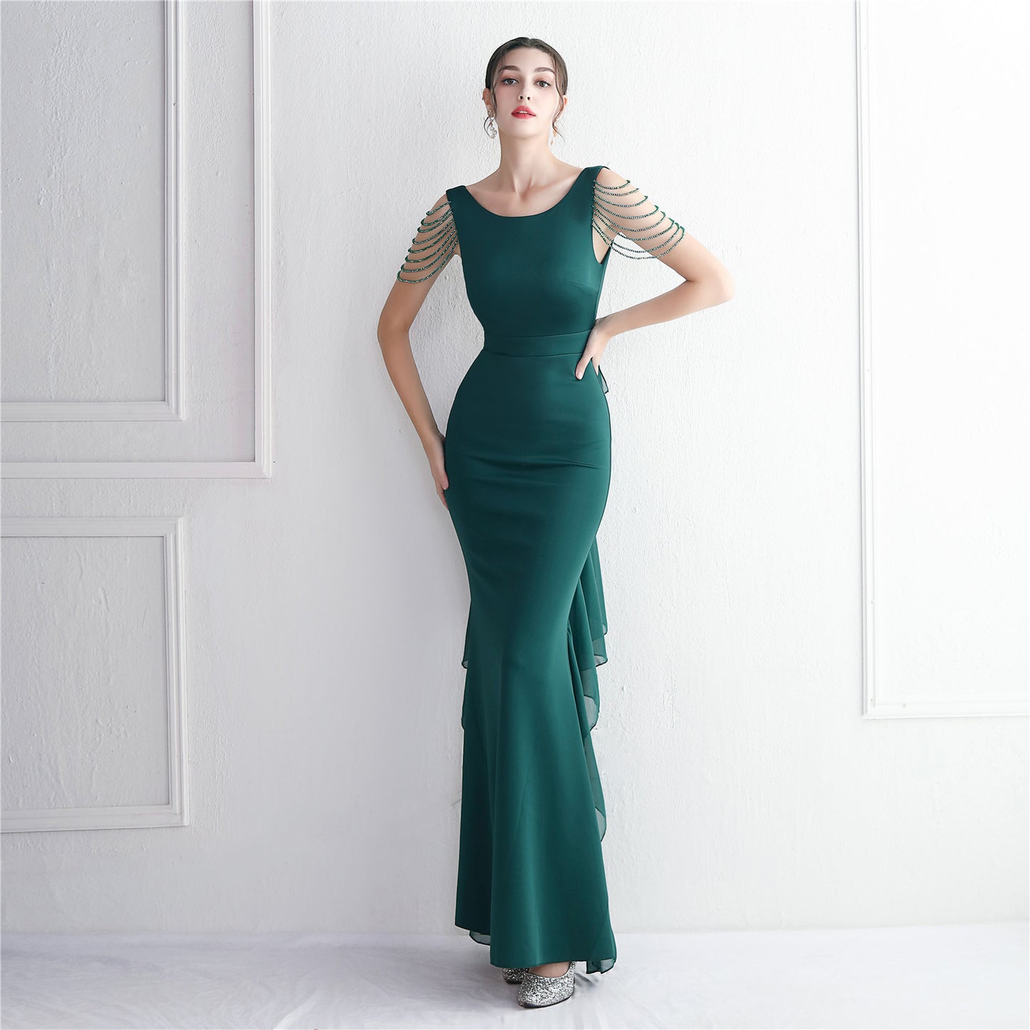 Chiffon Satin Cloth Craft Beaded Long Cocktail Slim Fit Evening Dress Elegant Long Annual Meeting Host