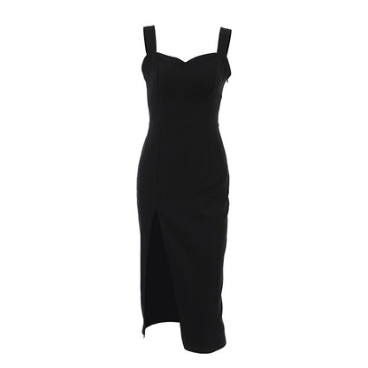 Sexy Black Sleeveless Square Collar Split Dress Evening Dress Women Dress