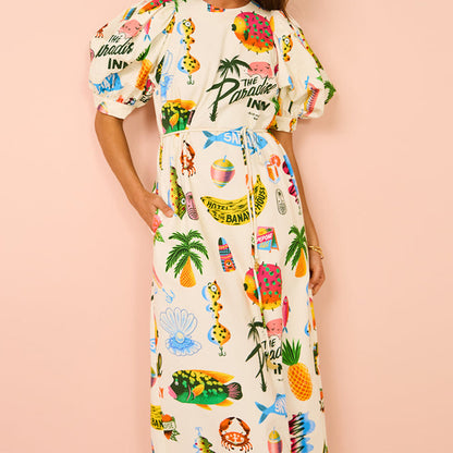 Summer Women Clothing Printed Puff Sleeve Pocket Belt Mid Length Dress