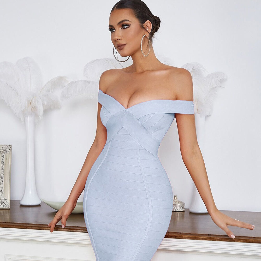 Simple Sexy off-the-Shoulder Side Stripe Back Slit Slim Fit Dinner Party Bandage One Piece Dress Women Clothing